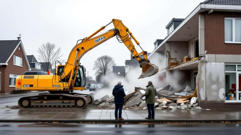 Sloopkraan bij een naoorlogse portiekflat in een Nederlandse stad