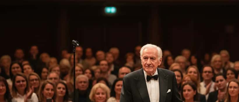 Älterer Mann auf einer Konzertbühne mit würdiger Bühnenpräsenz in einem Konzersaal