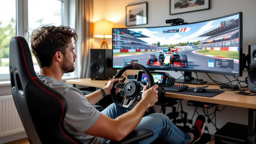 Man in een simracing-opstelling thuis met stuur, pedalen en een monitor met een Formule 1-game