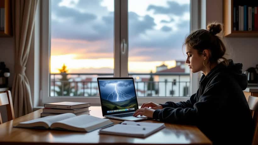 Studente osserva su un laptop la mappa meteo con l'anticiclone africano in ritirata e i temporali in arrivo sull'Italia