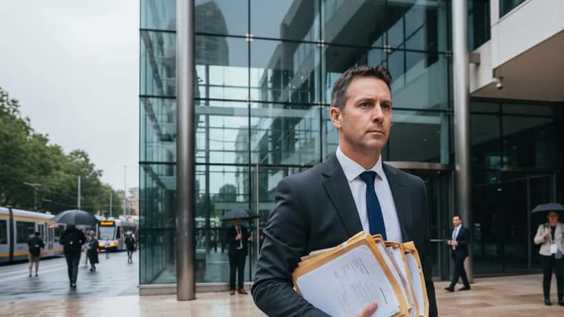 Australian barrister walking out of federal courthouse with legal briefs, Sydney