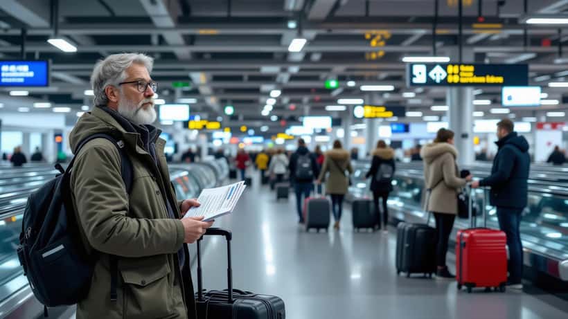 Norsk flypassasjer ved bagasjebånd på Oslo Gardermoen med PIR-skjema