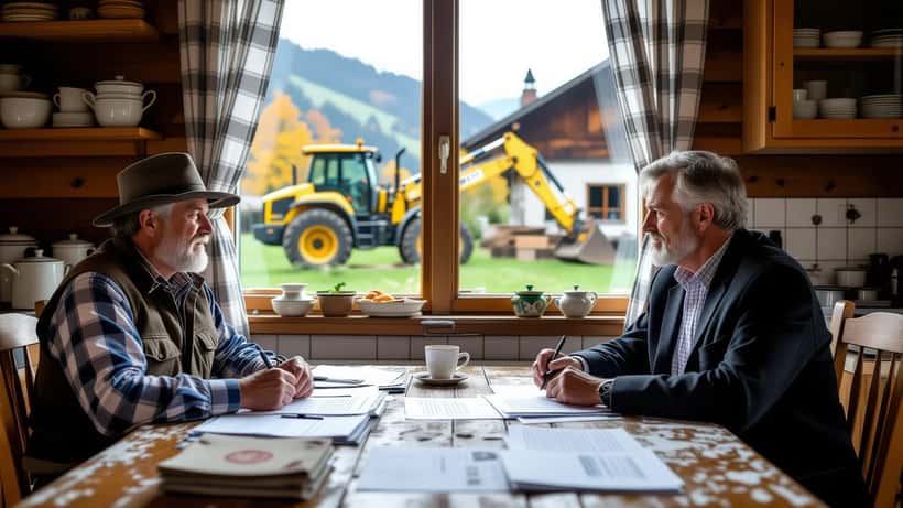 Bauer und Anwalt besprechen Hofunfall-Haftung am Küchentisch in Österreich
