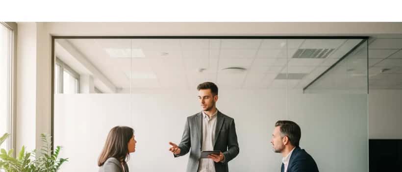 British startup founder presenting a pitch to investors in a co-working space
