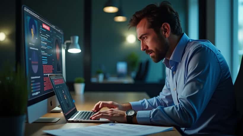 Manager IT italiano in ufficio con laptop che mostra avvisi di sicurezza e documenti GDPR