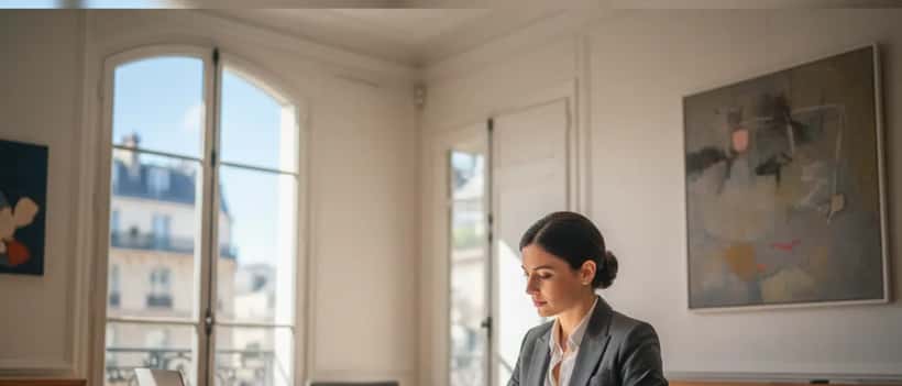 Avocate française en costume gris révisant des documents juridiques dans son bureau parisien