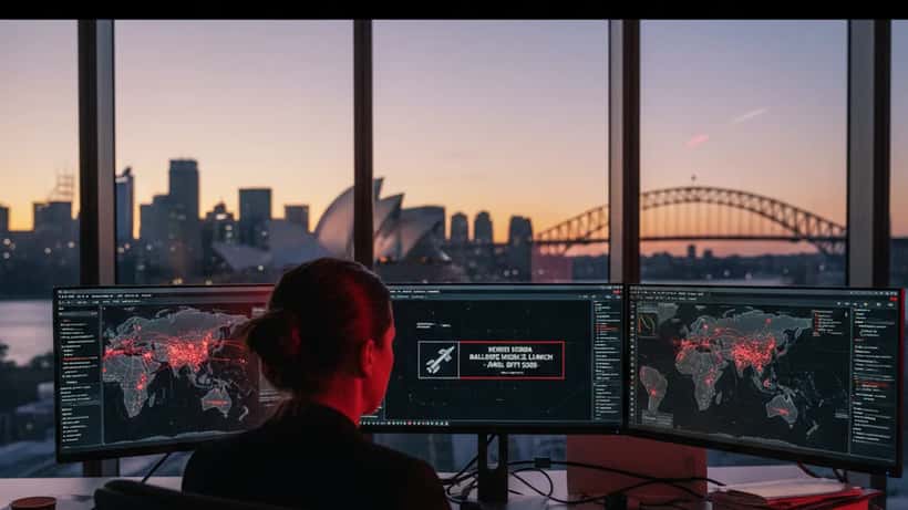 IT specialist monitoring cybersecurity dashboard with North Korea threat alerts on screen