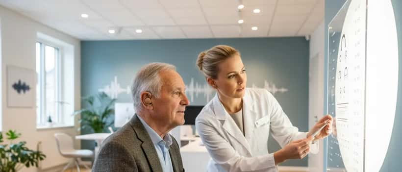 Äldre man med hörselinstrument på audionommottagning i Sverige