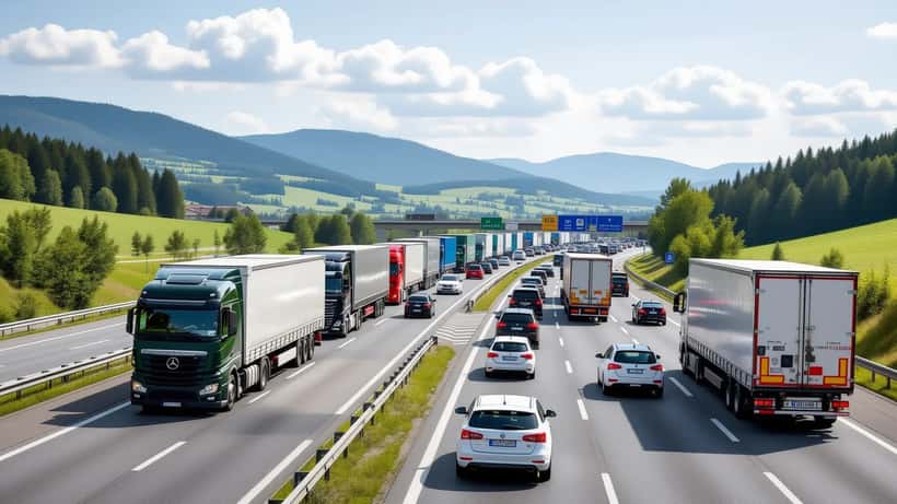 Kilometerlanger Stau mit Lkw auf der A2 Südautobahn in der Steiermark