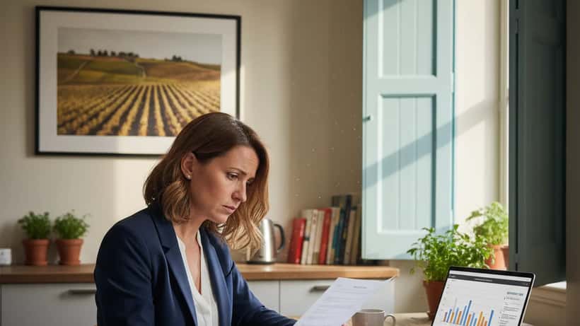 Femme française consultant son contrat de mutuelle santé à son domicile