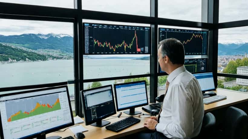 Conseiller financier suisse analysant les marchés boursiers mondiaux sur plusieurs écrans dans un bureau à Zurich
