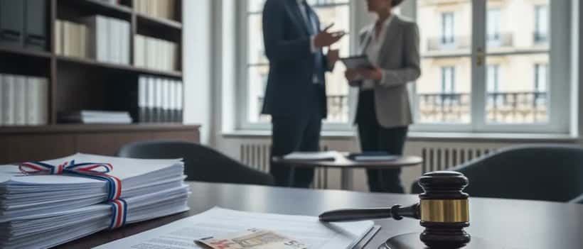 Palais de justice français avec un document officiel et un timbre fiscal de 50 euros pour l'accès à la justice
