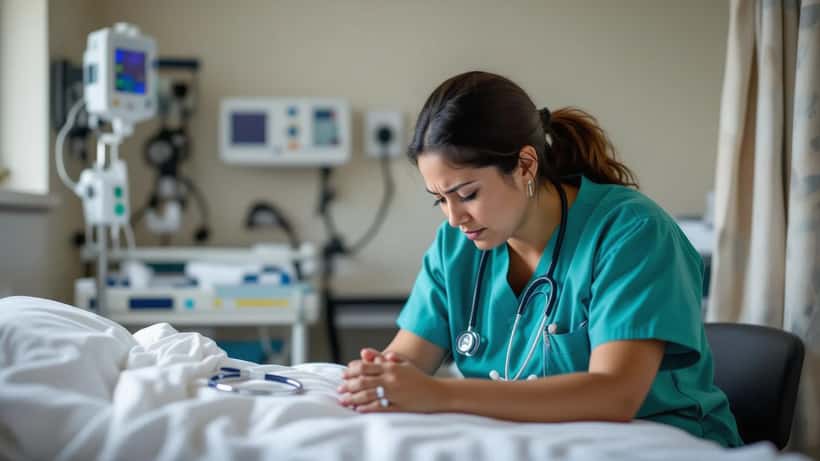 Healthcare professional experiencing stress in a quiet clinic environment
