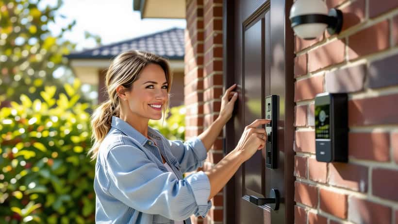 Australian woman checking smart lock on front door of suburban Sydney home, security camera mounted above and alarm panel visible