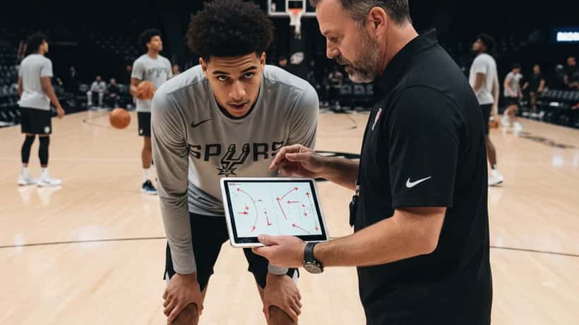 NBA rookie receiving coaching during practice session at San Antonio Spurs facility