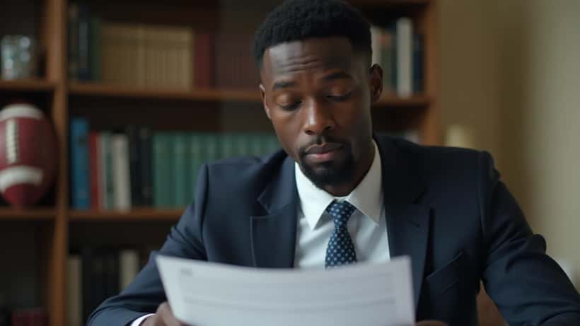 Young professional reviewing an employment contract document at a solicitor's desk in London