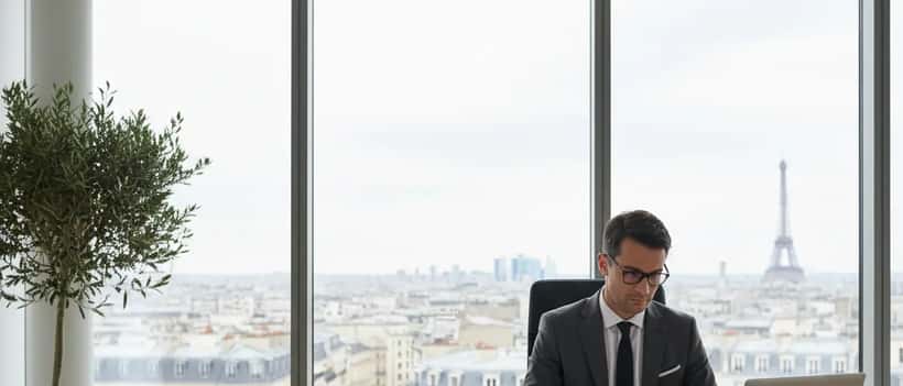 Avocat français en costume sombre révisant des documents juridiques dans un bureau parisien