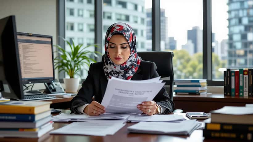 Australian lawyer reviewing Iran sanctions documents in a Sydney CBD law office, 2026
