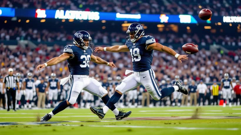 NFL kicker attempting a field goal in a packed stadium at night, leg extended in follow-through