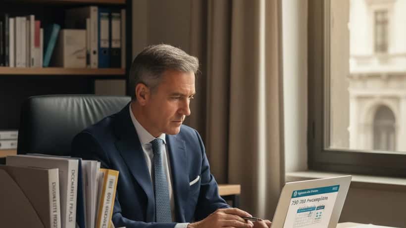 Commercialista italiano che consulta documenti fiscali su laptop in ufficio a Milano, preparando il modello 730 precompilato 2026