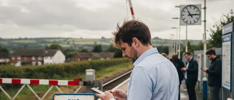 British commuter checking phone at Southern Railway station with bus replacement service signs
