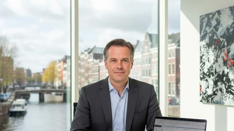 Nederlandse financieel adviseur bespreekt beleggingsstrategie in Amsterdams kantoor