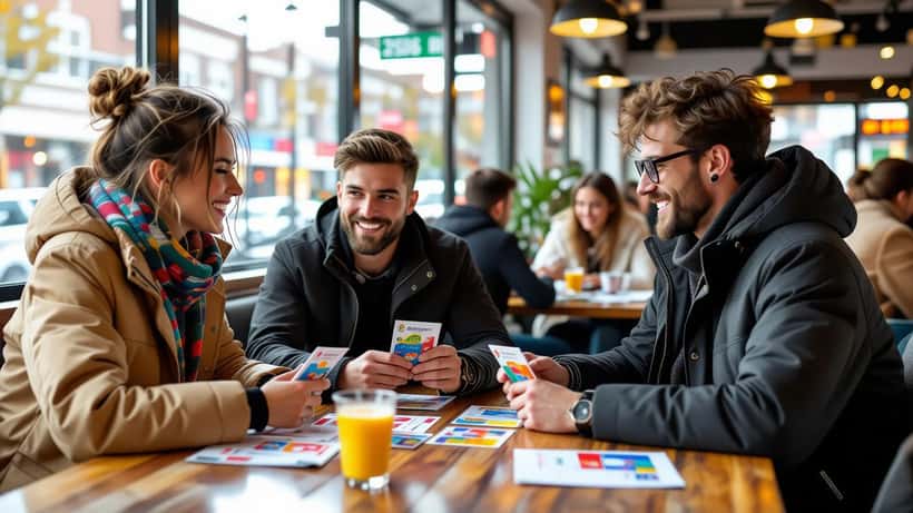 Menschen tauschen Panini WM 2026 Sticker an einem Tisch