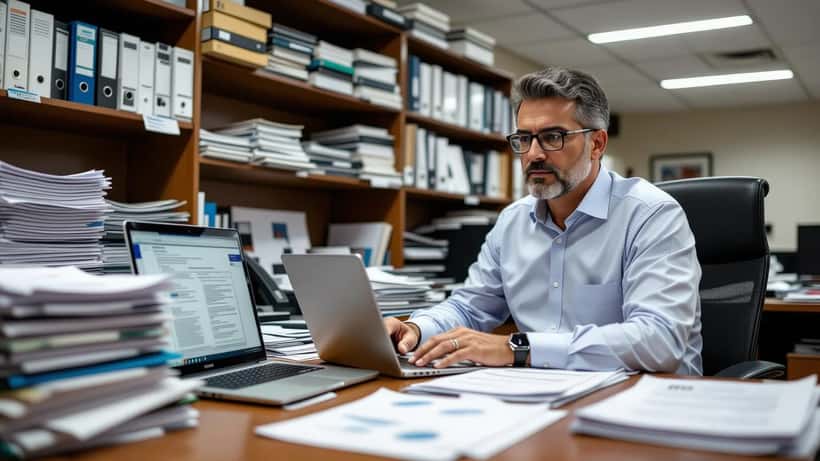 Candidato brasileiro revisando documentos de prestação de contas do fundo eleitoral em escritório de campanha em São Paulo