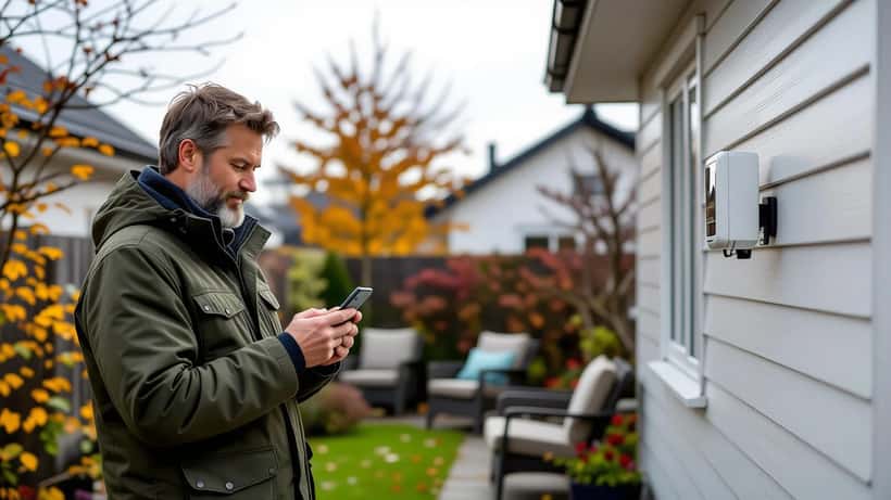 Dansker tjekker vejrapp på smartphone i efterårshave med udendørs vejrsensor monteret på havemur