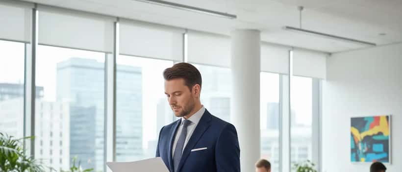 Deutscher Angestellter im modernen Büro prüft ein Dokument mit konzentriertem Gesichtsausdruck