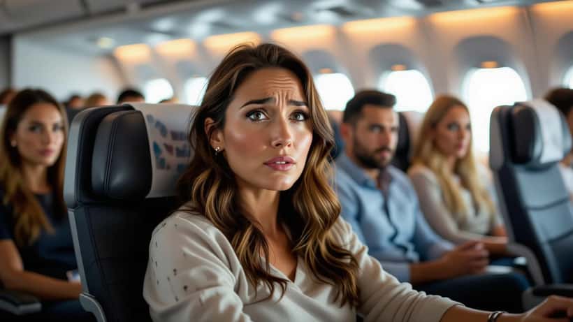 Passeggera in stato di shock su un aereo in emergenza, espressione di paura e stress, fotografia documentaristica