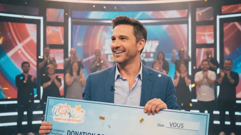 TV host presenting oversized prize check on game show stage in Montreal 2026