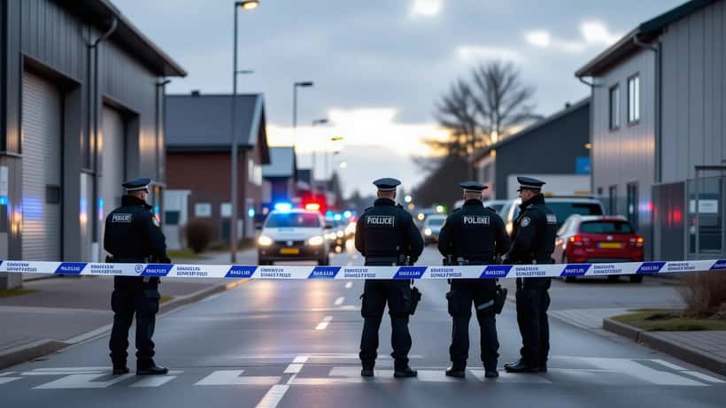 Politiafspærring med blå blink i industrikvarter i Nørresundby efter skyderi, betjente på gaden
