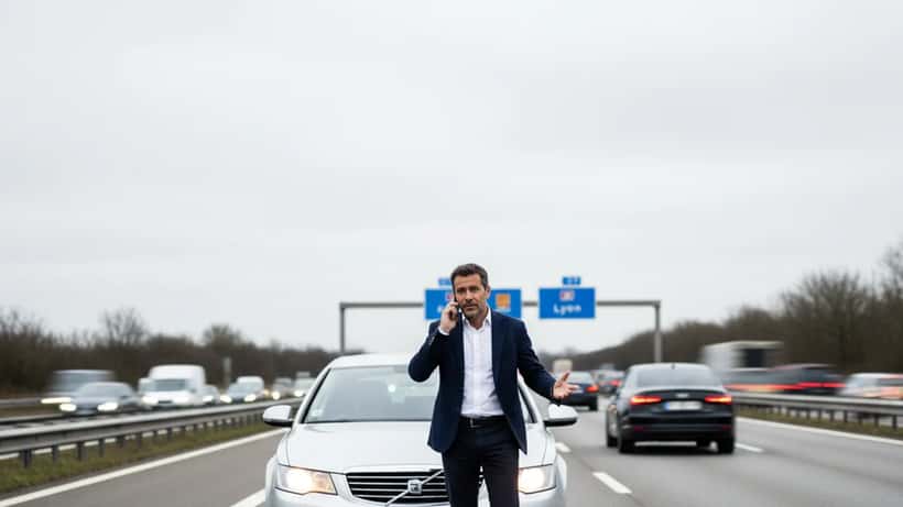 Conducteur stressé à côté de sa voiture en panne sur la bande d'arrêt d'urgence d'une autoroute française, triangle de signalisation visible