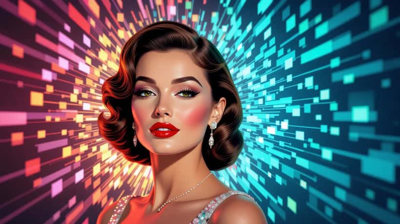 Vintage Hollywood portrait dissolving into digital pixels, representing celebrity image rights and AI likeness protection