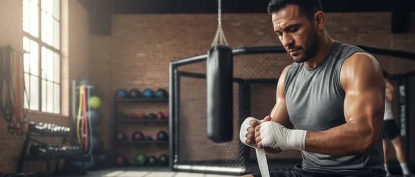 Mannelijke MMA-vechter wikkelt zijn handen in een sportschool