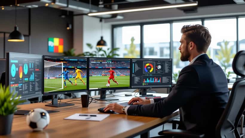 Sports analyst reviewing Senne Lammens goalkeeper transfer reports with tactical boards