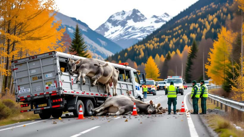 Remorque à bétail renversée sur la H8 à Biberbrugg avec intervention de la police cantonale de Schwyz