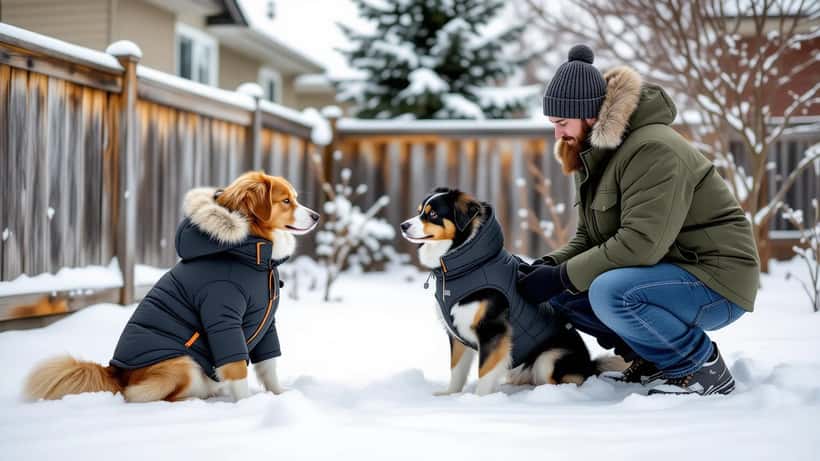 Dog in a fitted winter coat in a snowy Canadian backyard as its owner checks its paws during a cold snap