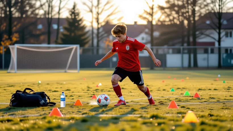 Jugendlicher Fußballspieler trainiert konzentriert allein auf einem Platz bei Sonnenuntergang