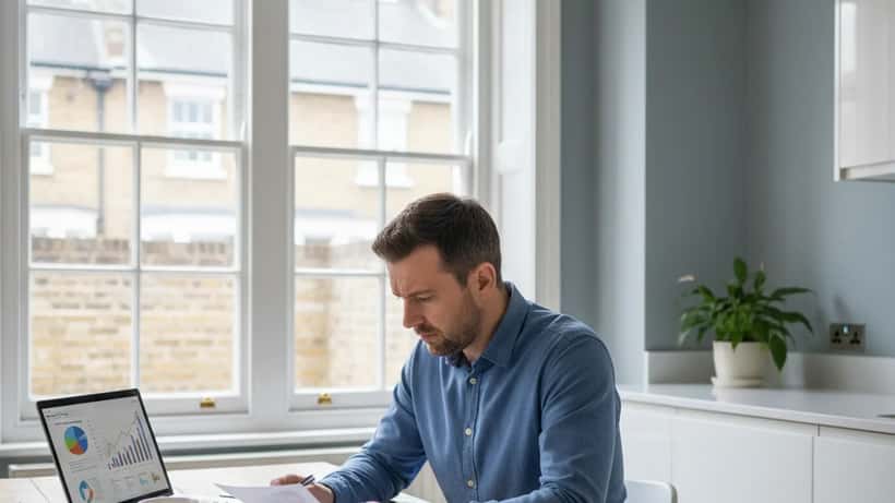 British homeowner reviewing mortgage documents at kitchen table in London