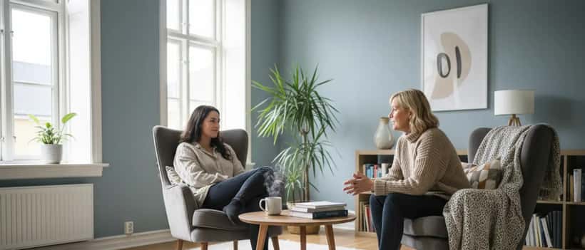 Dansk psykolog lytter opmærksomt til klient i varmt kontorlokale under terapisession