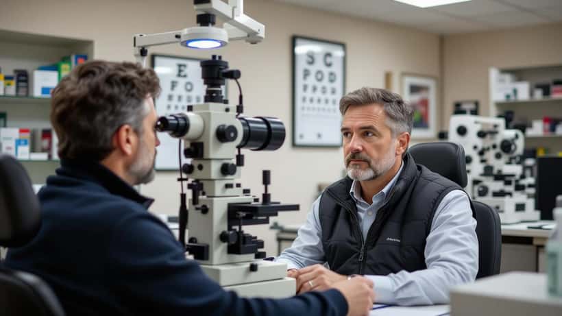 A man in his thirties having his eyes tested at a phoropter in a UK opticians