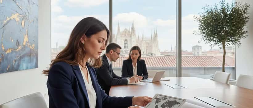 Imprenditrice italiana che esamina documenti di commercio internazionale