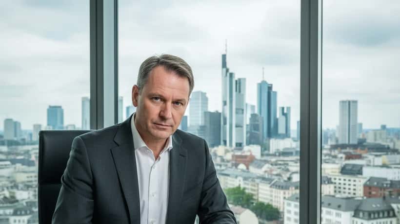Deutscher Mann im Anzug prüft Krankenversicherungsunterlagen in einem Frankfurter Büro