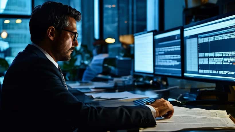 Avvocato italiano esamina documenti legati a un caso di accesso abusivo a banche dati in un ufficio milanese