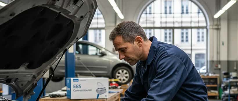Mécanicien inspectant un moteur avant conversion bioéthanol E85 dans un atelier automobile à Lyon