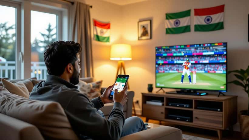 Canadian cricket fan watching India vs Pakistan T20 match with sports betting app open on smartphone