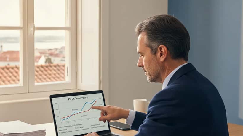 Consultor financeiro português de fato azul mostrando dados económicos no laptop num escritório em Lisboa, luz natural