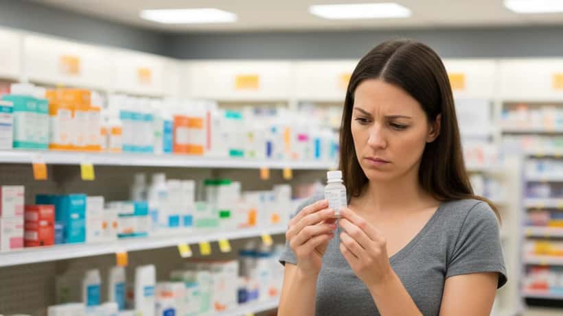 American woman checking recalled eye drop bottle label at pharmacy